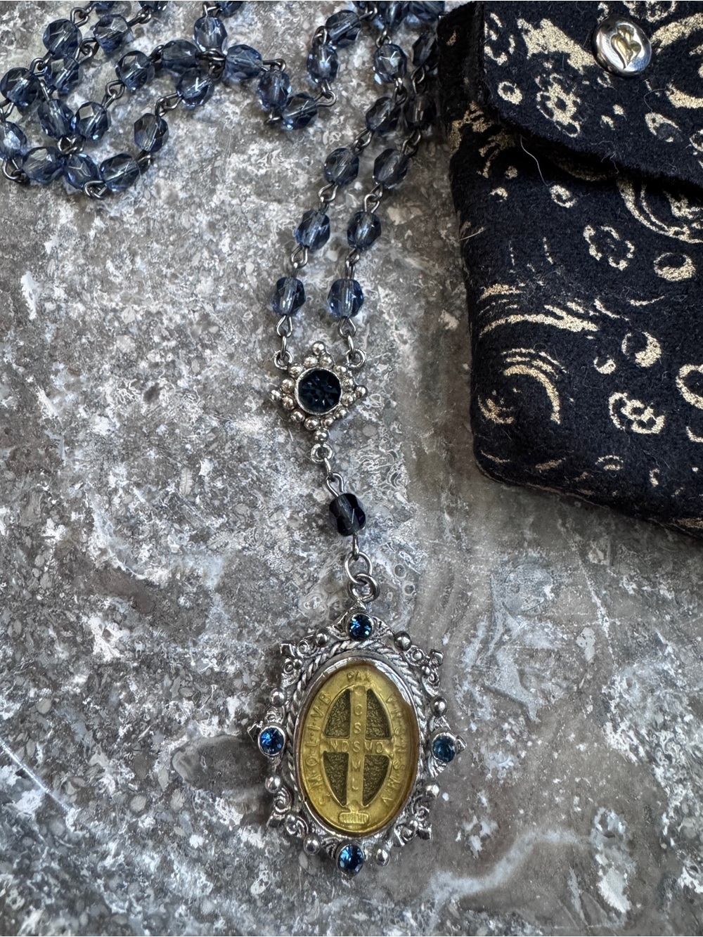 Virgins Saints & Angels VSA Saint Benedict medallion cross necklace silver blue